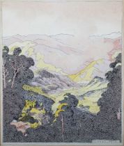 Gladys Peto – Mountain Landscape, Cyprus, pen with ink and watercolour, signed, 29cm x 34cm,