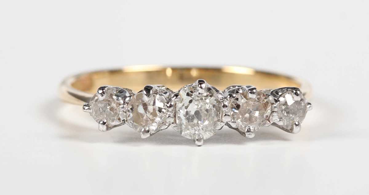 A gold and diamond five stone ring, claw set with a row of graduated old cut diamonds, detailed ‘ - Image 2 of 5