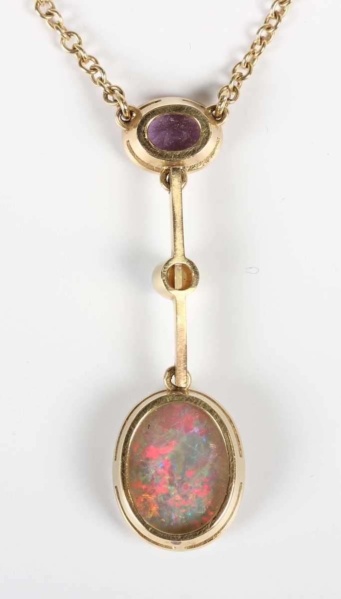 A gold, opal, amethyst and cultured pearl pendant necklace, the front collet set with an oval - Image 3 of 3