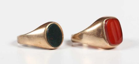 A 9ct gold and bloodstone oval signet ring, Birmingham 1979, ring size approx H, and a 9ct gold