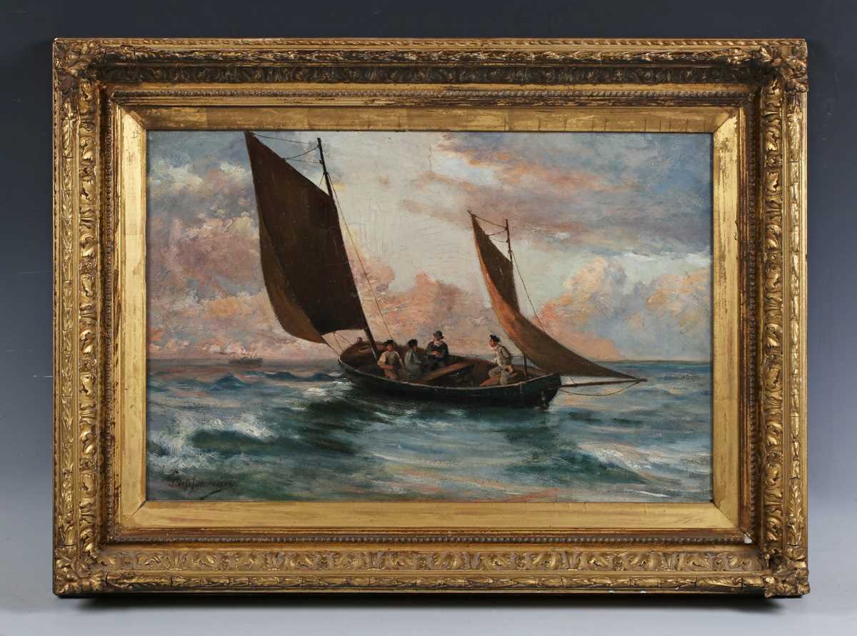 Continental School – Fisherman in a Sailing Vessel off a Coastline, late 19th/early 20th century oil - Image 2 of 4