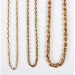 A 9ct gold ropetwist link neckchain on a boltring clasp, length 39cm, a 9ct gold faceted oval link