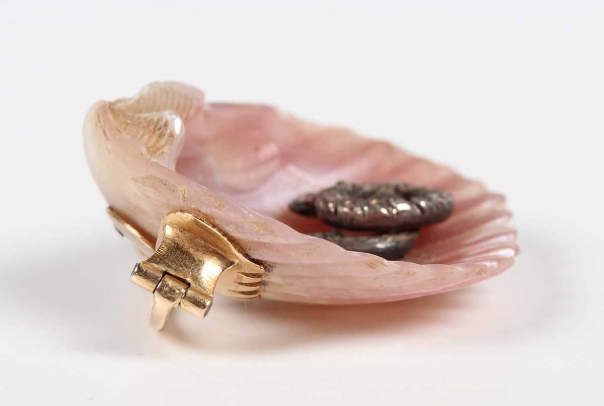 A Victorian shell, diamond and pearl brooch, the shell mounted with a rose cut diamond set snake - Image 4 of 6