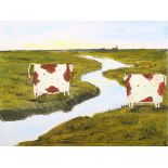 Hazel Evans –Cows in a River Landscape, 21st century oil on canvas, 22.5cm x 30cm, together with six