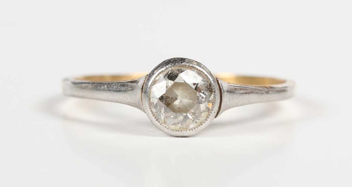 A gold, platinum and diamond single stone ring, collet set with a cushion cut diamond, unmarked, - Image 2 of 5