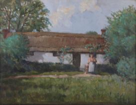 British School – Figures in a Cottage Garden, 20th century oil on board, 29cm x 38cm, within a