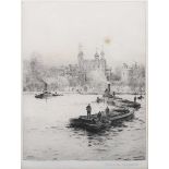 Rowland Langmaid – Tower of London with Thames shipping, early 20th century etching, signed in