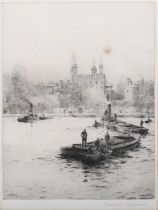 Rowland Langmaid – Tower of London with Thames shipping, early 20th century etching, signed in