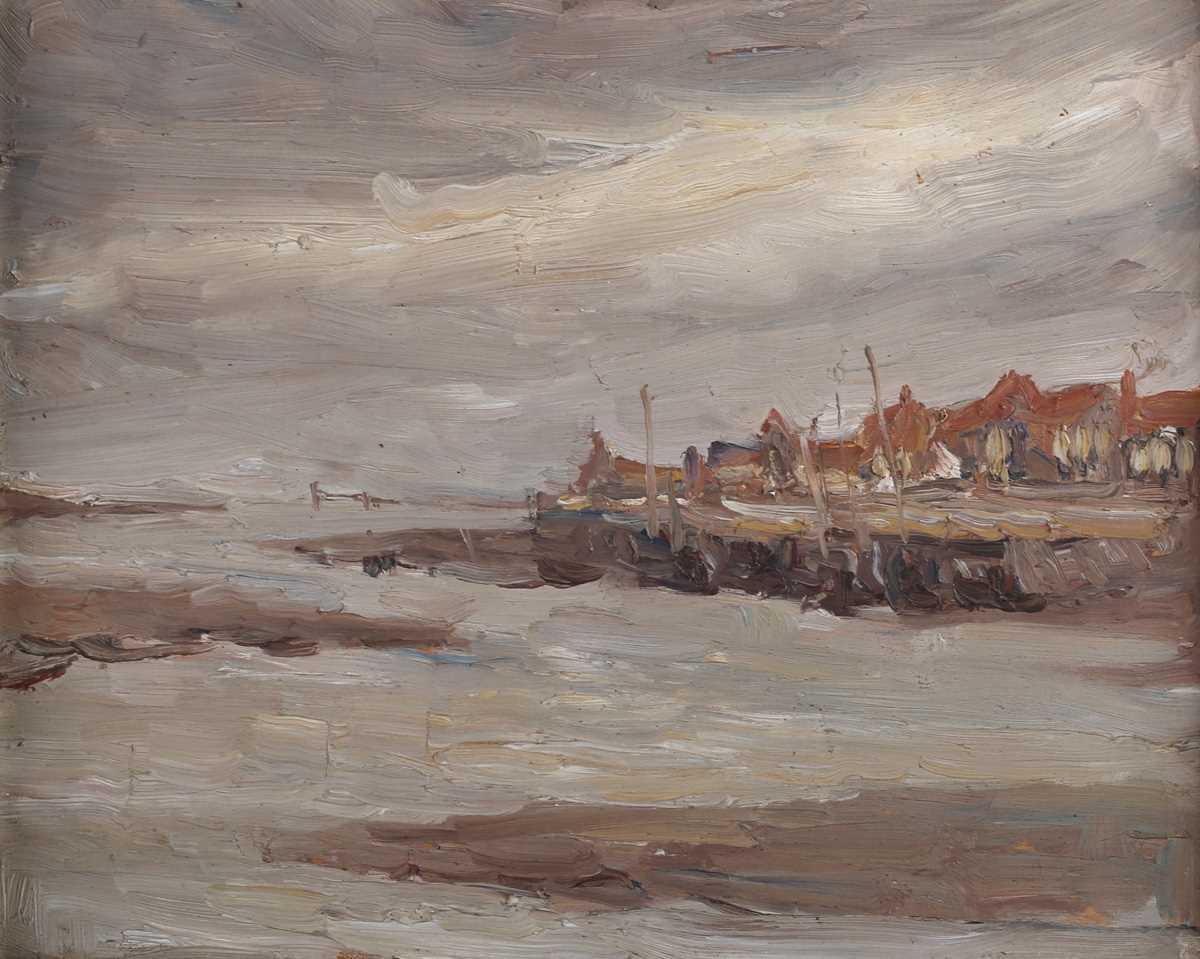 French School – Estuary Landscape, early 20th century oil on panel, 20cm x 25cm, within a stained
