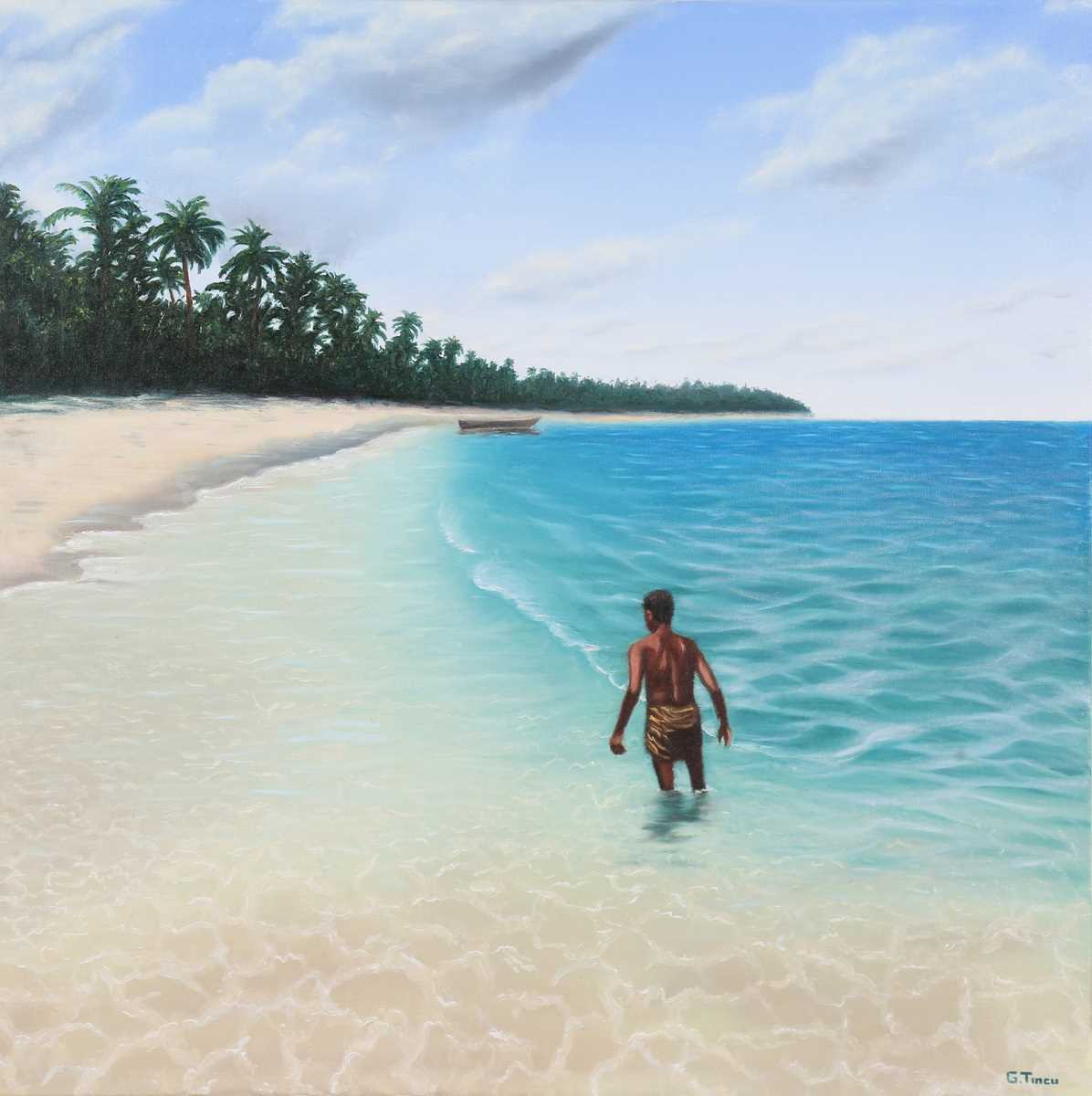 George Tincu – Beach Scene in the Dominican Republic, 21st century oil on canvas, signed, 76cm x