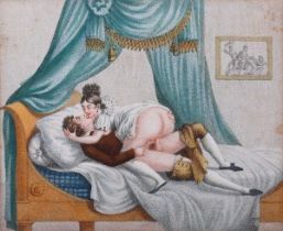 French School – Erotic Boudoir Scene, late 18th/early 19th century stipple engraving with hand-