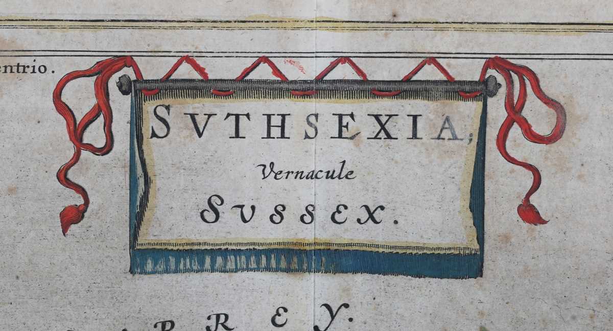 Joan Blaeu - 'Suthsexia vernacule Sussex' (Map of the County of Sussex), 17th century engraving with - Image 3 of 6