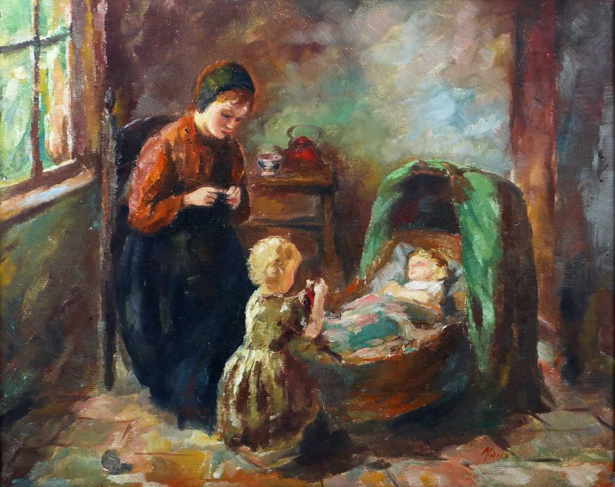 Mario, Continental School – Interior Genre Scene with Woman knitting beside a Baby in a Cot, 20th