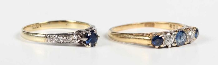 A gold, sapphire and diamond ring, mounted with three cushion shaped sapphires alternating with