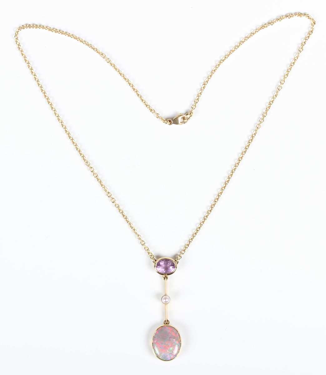 A gold, opal, amethyst and cultured pearl pendant necklace, the front collet set with an oval - Image 2 of 3