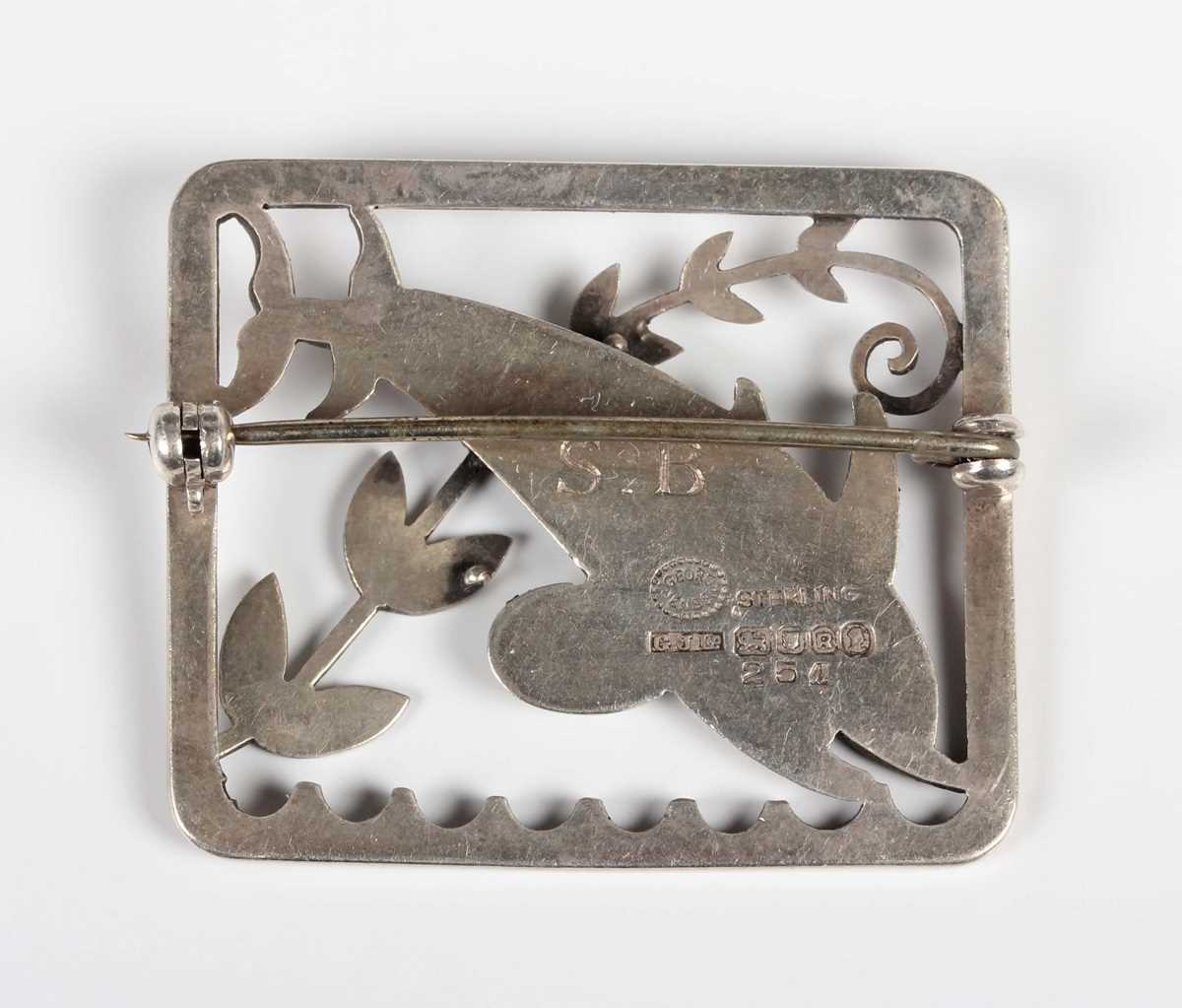 A Georg Jensen sterling silver rectangular brooch, designed as two dolphins with a foliate spray, - Image 2 of 2