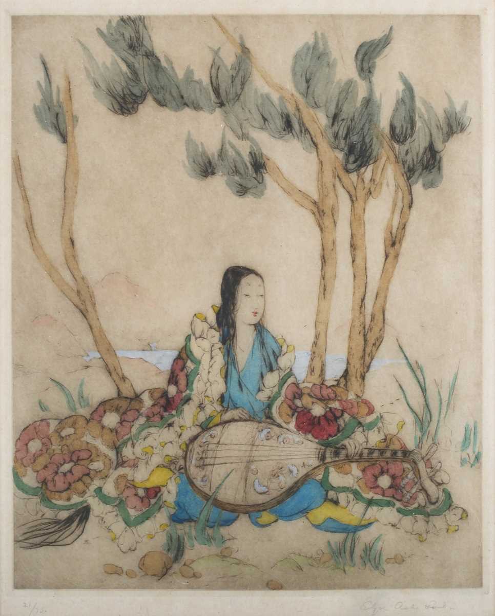 Elyse Ashe Lord – ‘Biwa Player’, early 20th century etching with hand-colouring, signed and