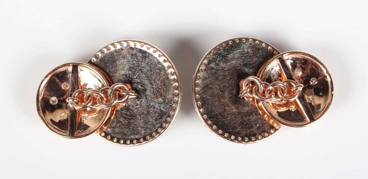 A pair of rose gold, crystal and diamond circular cufflinks, each front mounted with a reverse - Image 2 of 3