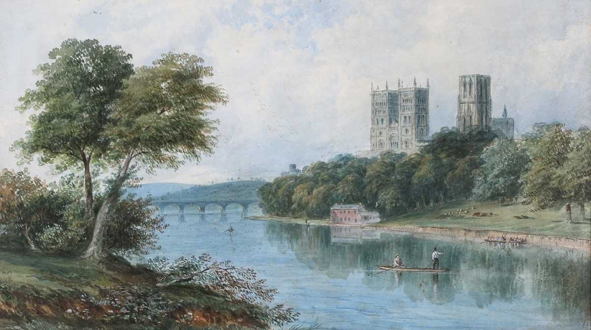 British School – Durham from the River, 19th century watercolour with gouache, 28.5cm x 51cm, within