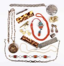 A group of jewellery, including a graduated cultured pearl necklace with a diamond set clasp,