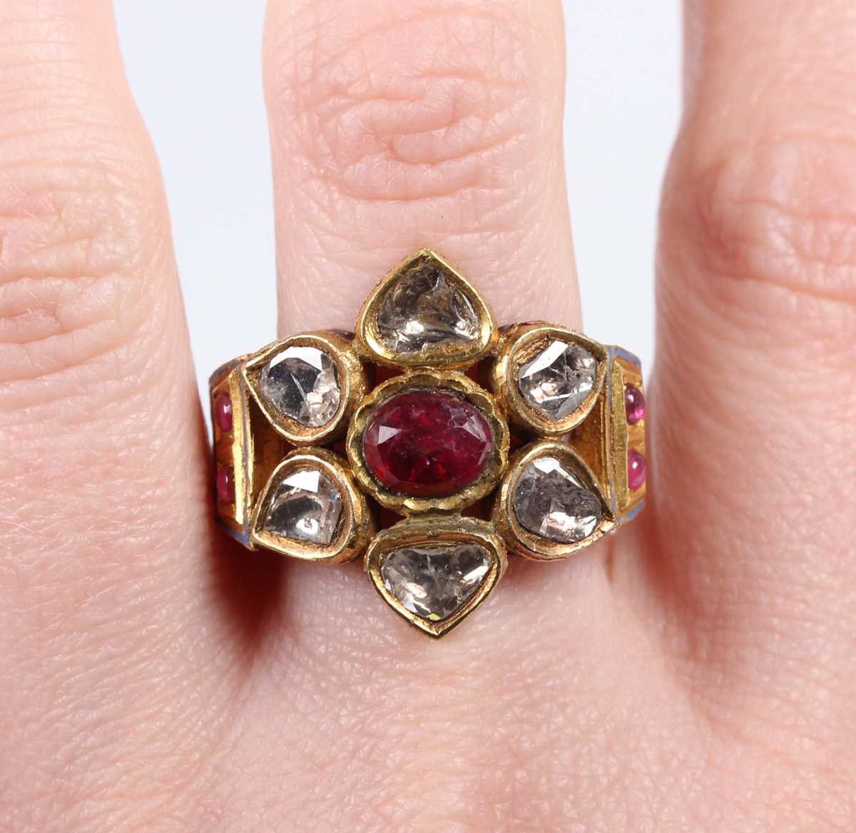 A Middle Eastern gold, ruby, diamond and varicoloured enamelled ring, probably Indian, designed as a - Image 6 of 6