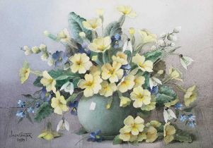 Jack Carter – Still Life with Primroses in a Vase, watercolour, signed and dated 1989, 18.5cm x 26.