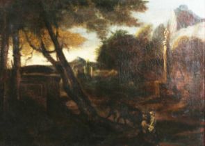 Italian School – Capriccio Landscape with Cow, Figures and Ruins, 18th century oil on canvas, 48.5cm