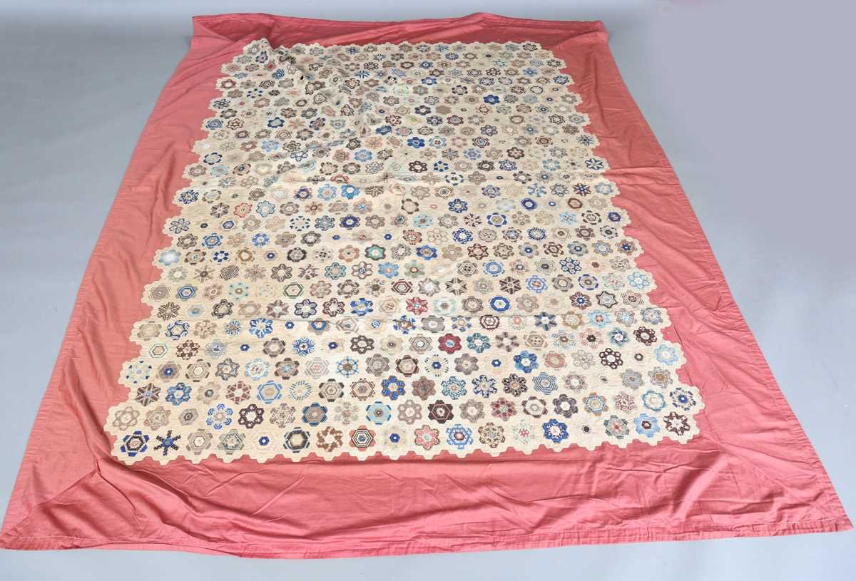A mid-Victorian silk patchwork quilt, 190cm x 150cm, together with another similar silk and cotton