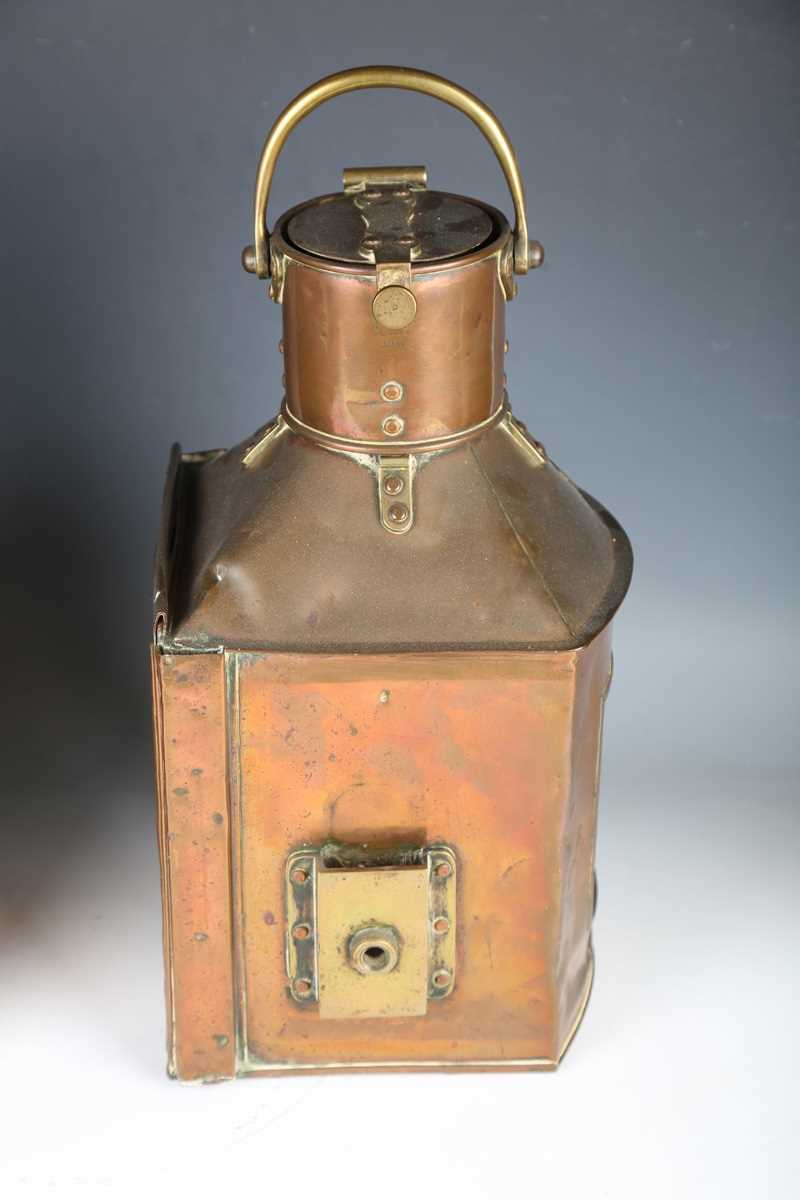 A late 19th century copper and brass 'Port' ship's lamp by 'Wm Harvie', height 46cm, together with a - Image 12 of 14