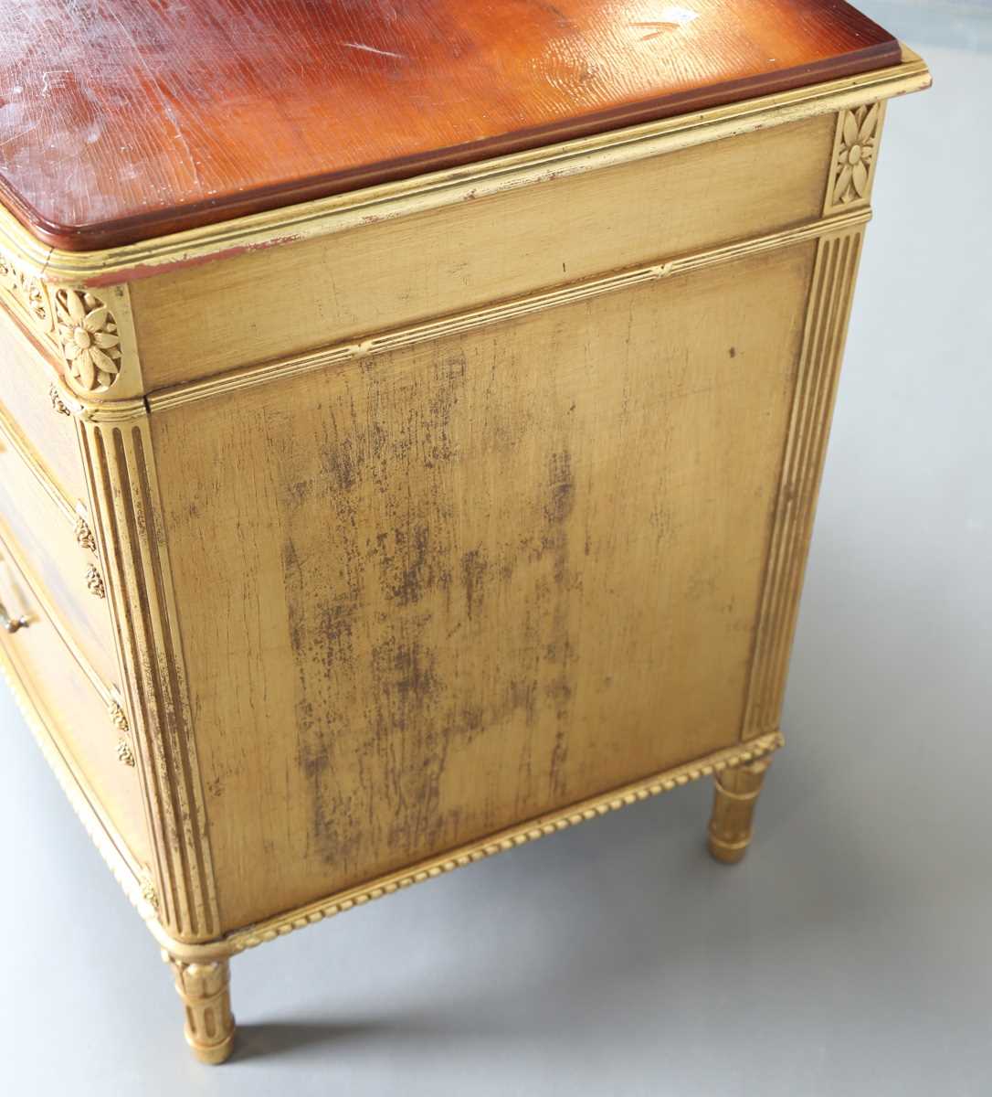 An early 20th century French gilt painted bowfront five-drawer commode, inset with a later top, - Image 9 of 9