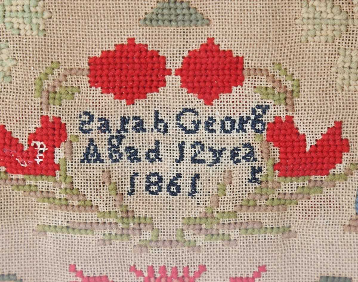 A large mid-Victorian woolwork sampler by Sarah George, aged 12 years, dated 1861, worked in - Image 5 of 6