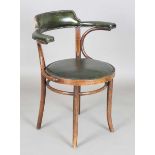 An early 20th century Thonet bentwood desk chair, upholstered in studded green leather, height 81cm,