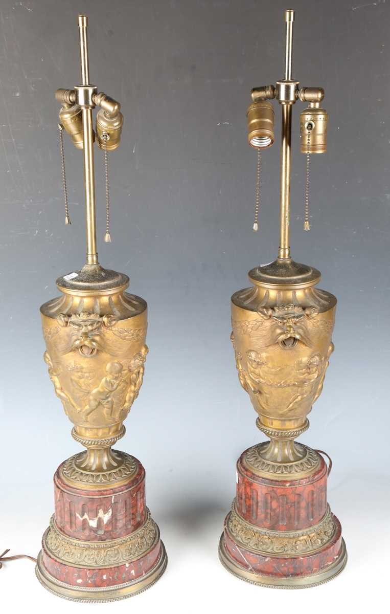 A pair of late 19th century French gilt bronze ornamental urn table lamps, the twin-light fittings - Image 8 of 15