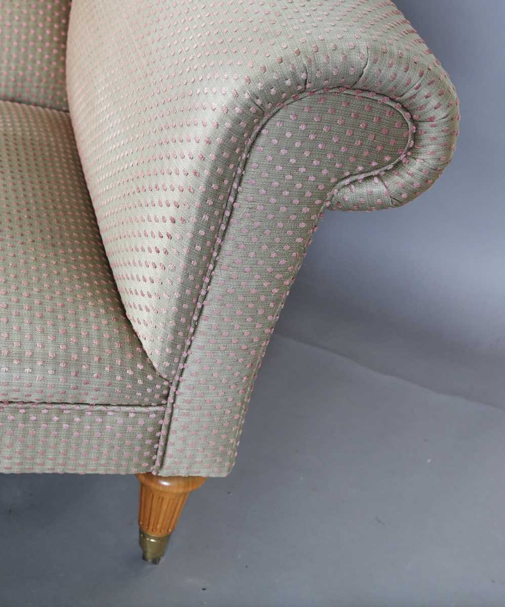 A David Linley scroll arm sofa, upholstered in pink dotted gilt damask, raised on fluted wooden legs - Image 8 of 17
