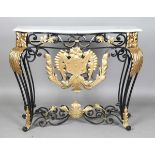 A 20th century black and gilt painted wrought iron console table with a shaped white marble top