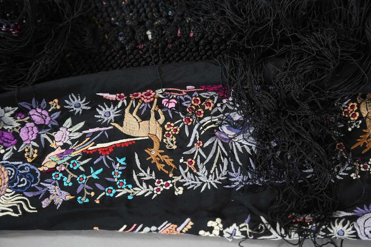 A mid-20th century Chinese silkwork shawl, profusely embroidered with birds, animals and figures - Image 16 of 16