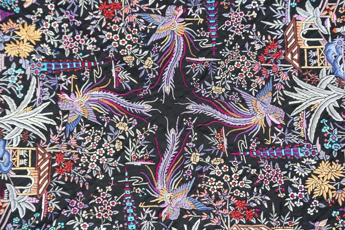 A mid-20th century Chinese silkwork shawl, profusely embroidered with birds, animals and figures - Image 2 of 16