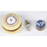 A late 19th century French yellow glazed porcelain circular snuff box, the exterior finely decorated