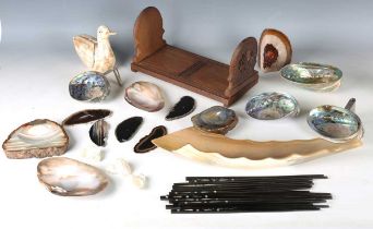 A mixed group of collectors' items, including a polished section of agate, other mineral and shell
