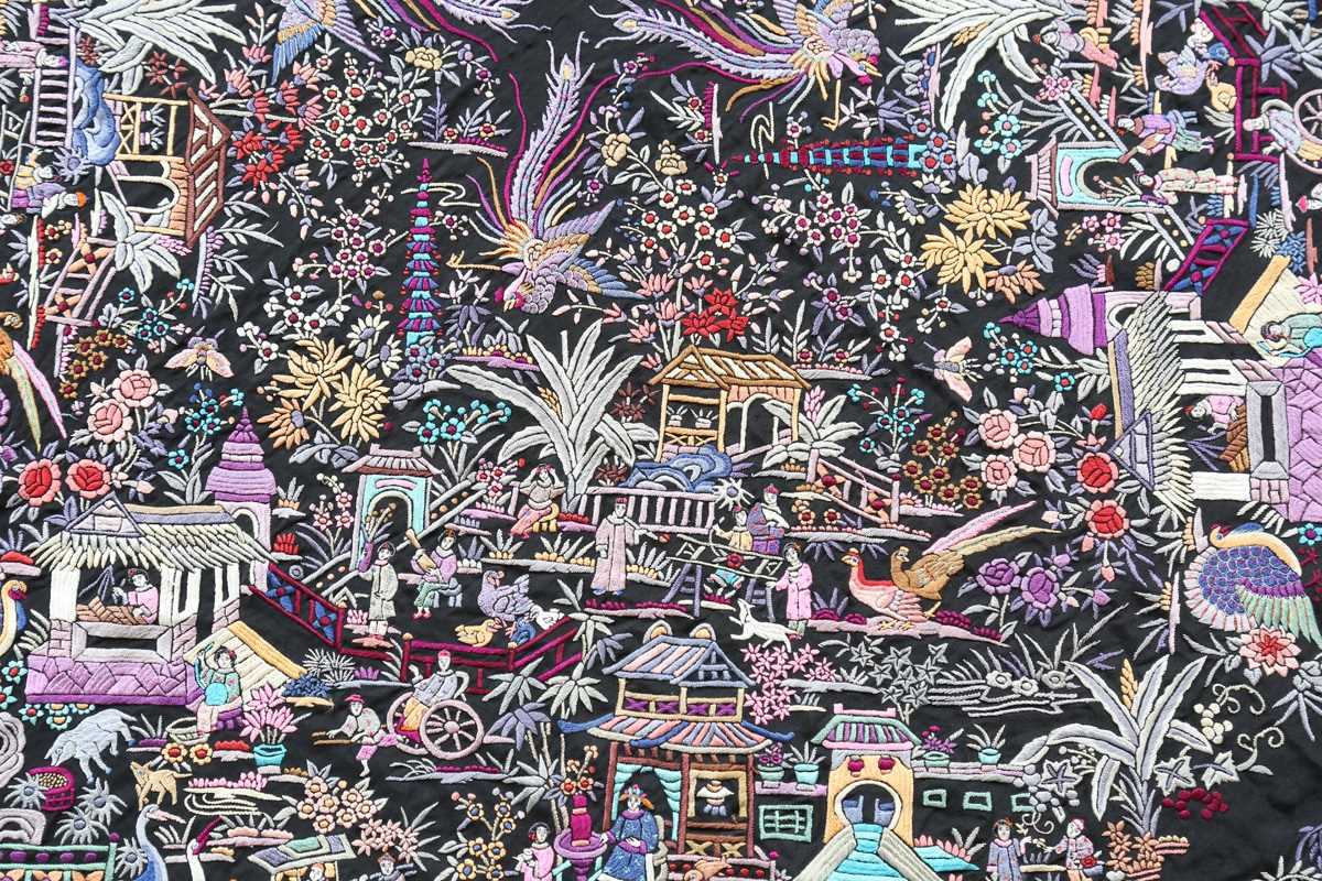 A mid-20th century Chinese silkwork shawl, profusely embroidered with birds, animals and figures - Image 11 of 16