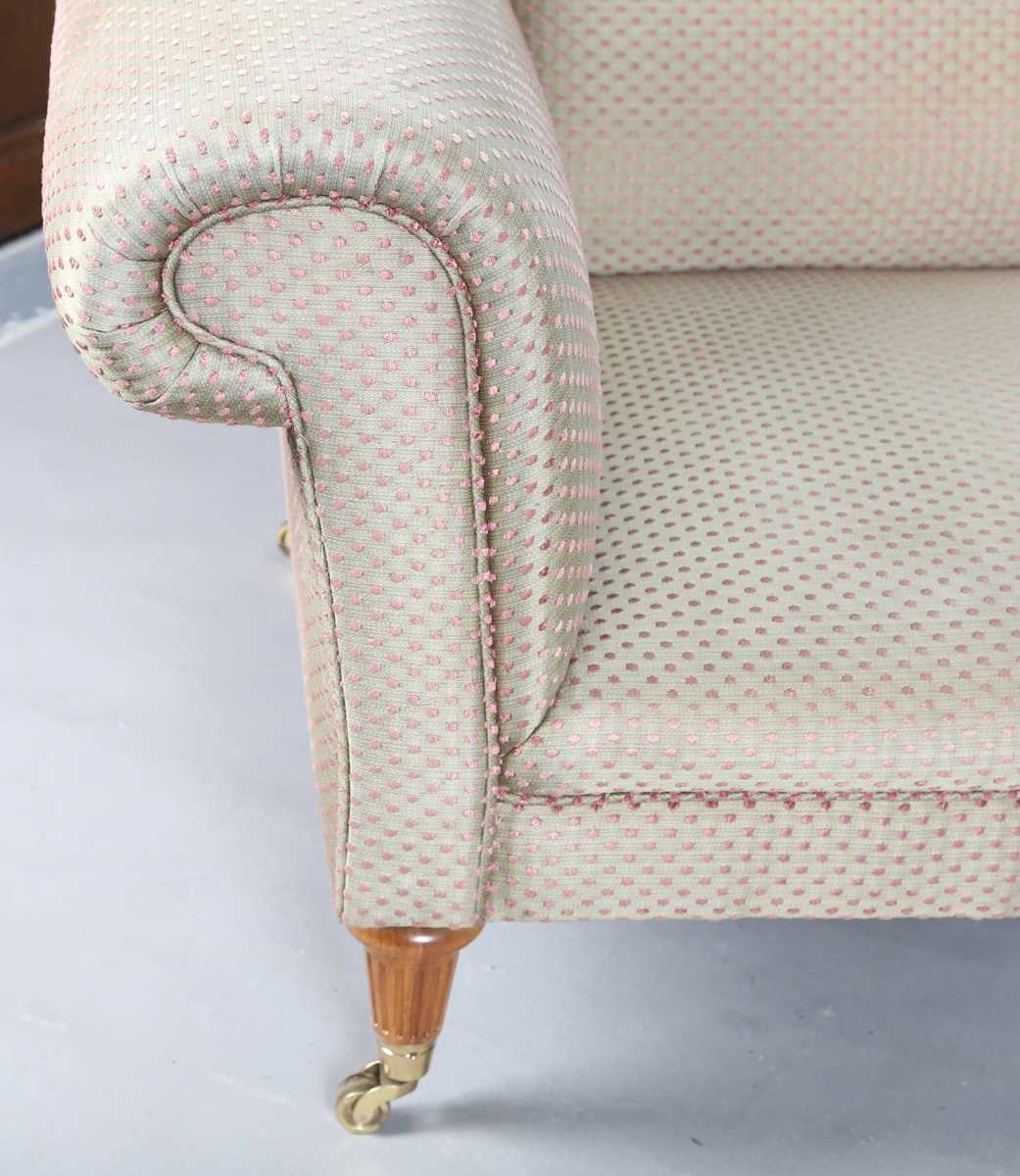 A David Linley scroll arm sofa, upholstered in pink dotted gilt damask, raised on fluted wooden legs - Image 10 of 17