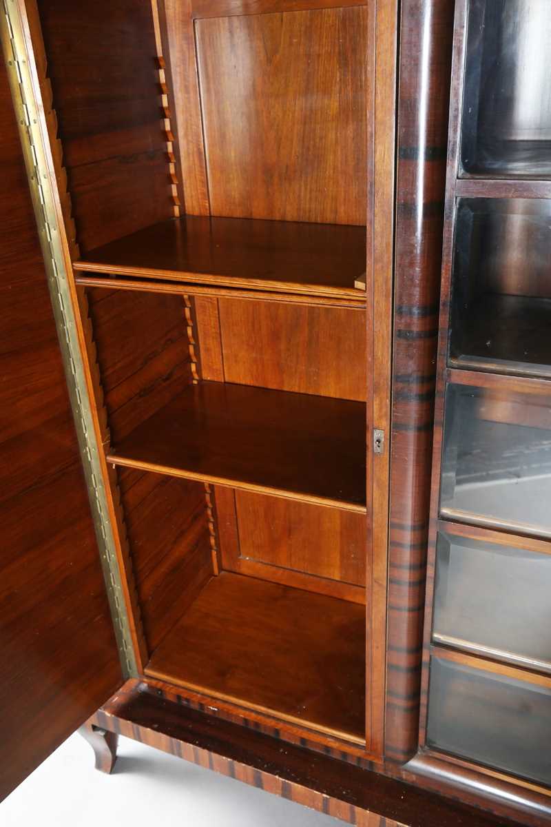 A Continental Art Deco zebrawood side cabinet, fitted with a central bevelled glass compartment - Bild 4 aus 14