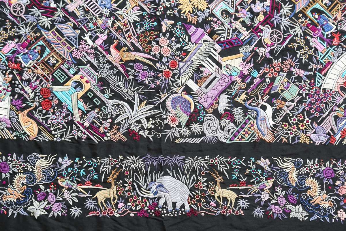 A mid-20th century Chinese silkwork shawl, profusely embroidered with birds, animals and figures - Image 9 of 16