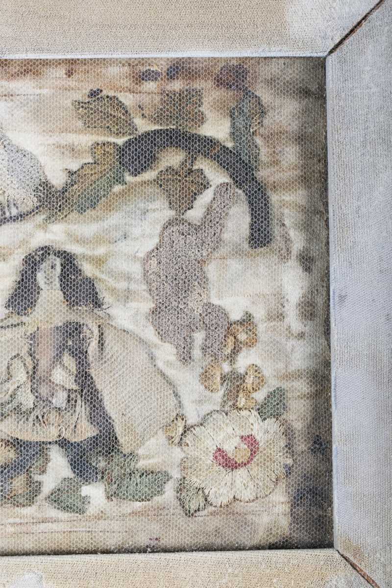 A Charles II stumpwork panel, finely worked in coloured silks, chenille and coral beads with a - Image 4 of 5
