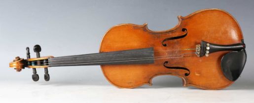 A three-quarter-size violin with two-piece back, length of back excluding button 32cm, together with