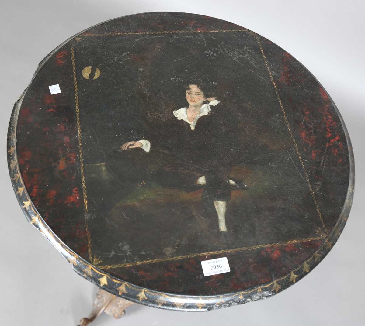 A 19th century cast iron table base, the circular slate top painted with a portrait of Charles - Image 2 of 15