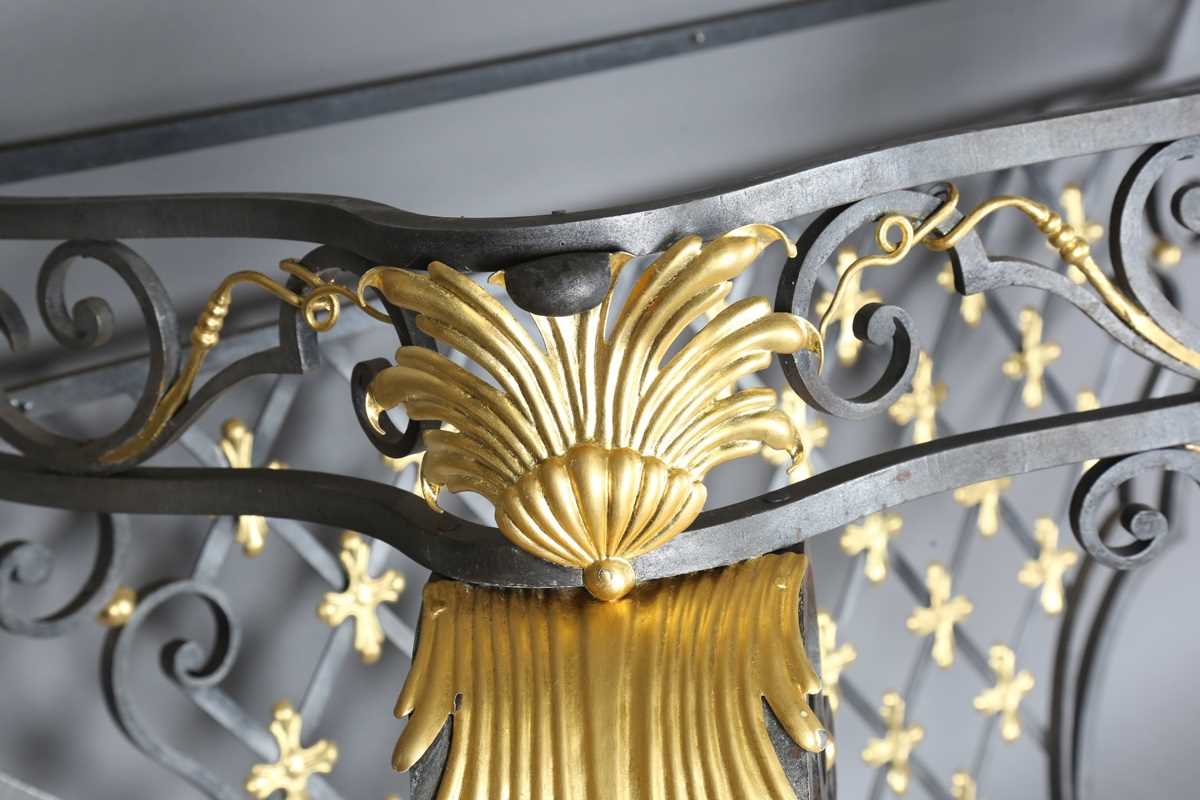 An impressive 20th century black and gilt painted wrought iron console table, the substantial Brèche - Image 11 of 12
