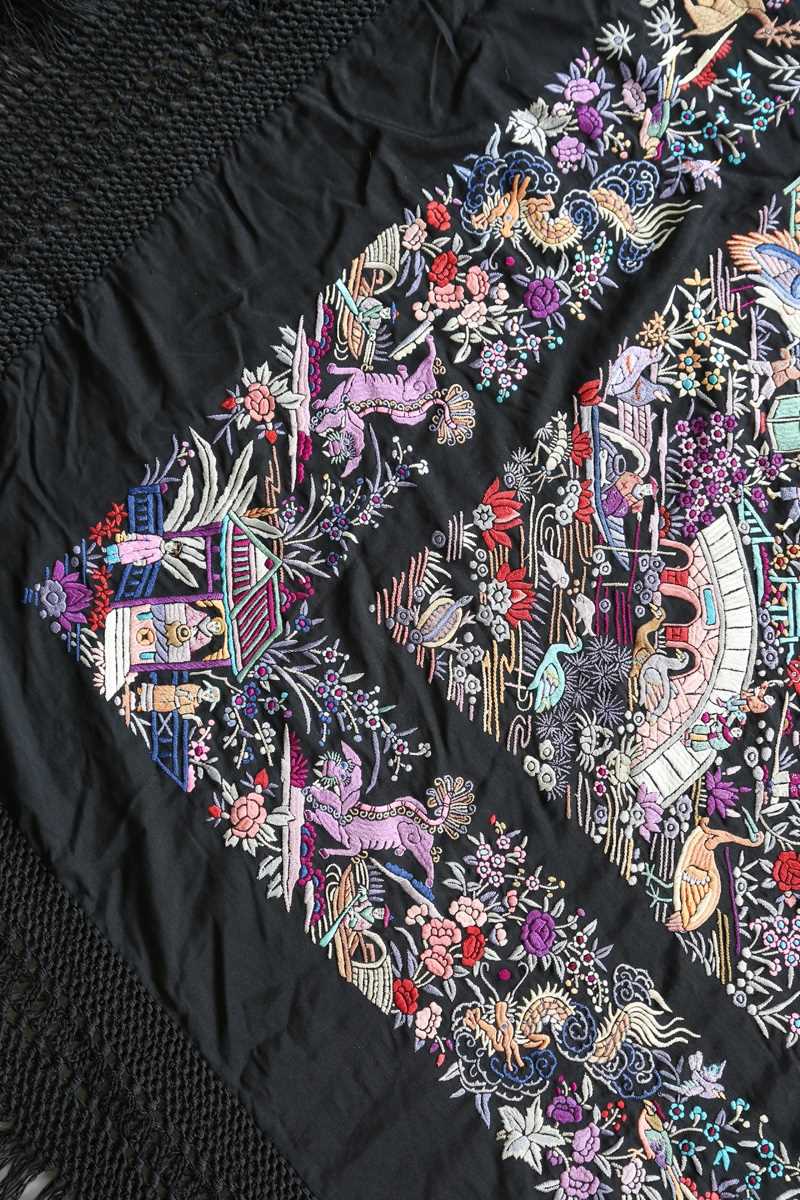 A mid-20th century Chinese silkwork shawl, profusely embroidered with birds, animals and figures - Image 10 of 16
