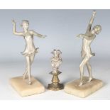 A pair of Art Deco cast spelter figures of dancing ladies, on alabaster bases, height 22cm, together