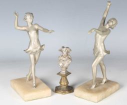 A pair of Art Deco cast spelter figures of dancing ladies, on alabaster bases, height 22cm, together